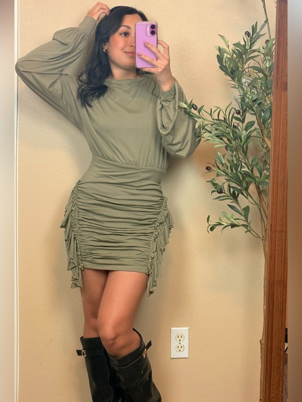 SABO | Olive Ruched Long-Sleeve Mini Dress
